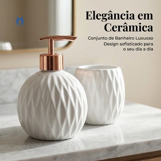 Kit de Banheiro Cerâmica Com 2 Peças Porta Sabonete Líquido e Porta Escova KB3006