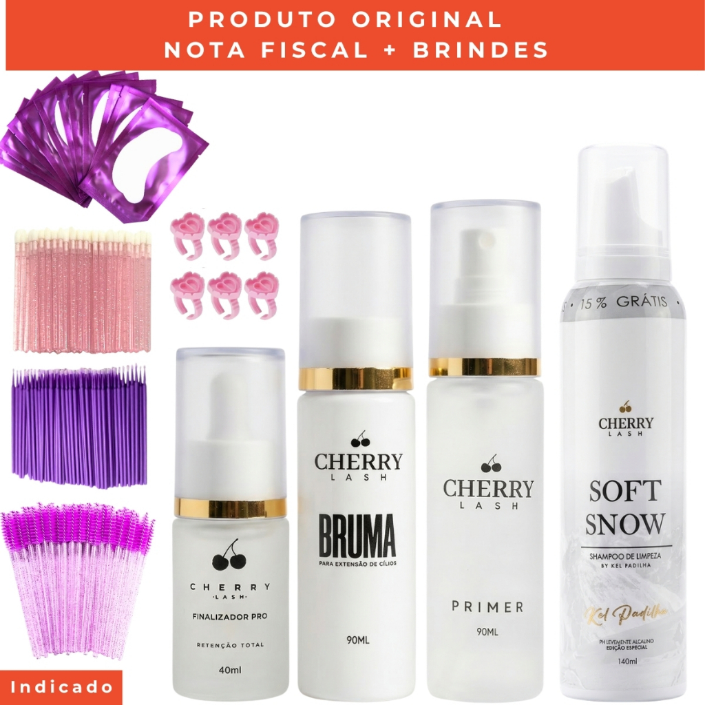 Kit Cherry Lash Shampoo Primer Bruma Finalizador P/ Cílios