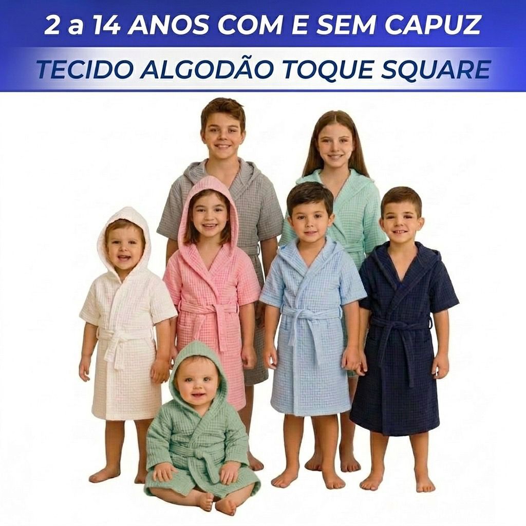 Roupão Infantil Juvenil Algodão Premium Toque Square 3, 6, 8, 10, 12 e 14 anos Menino Menina com e sem Capuz Luxo