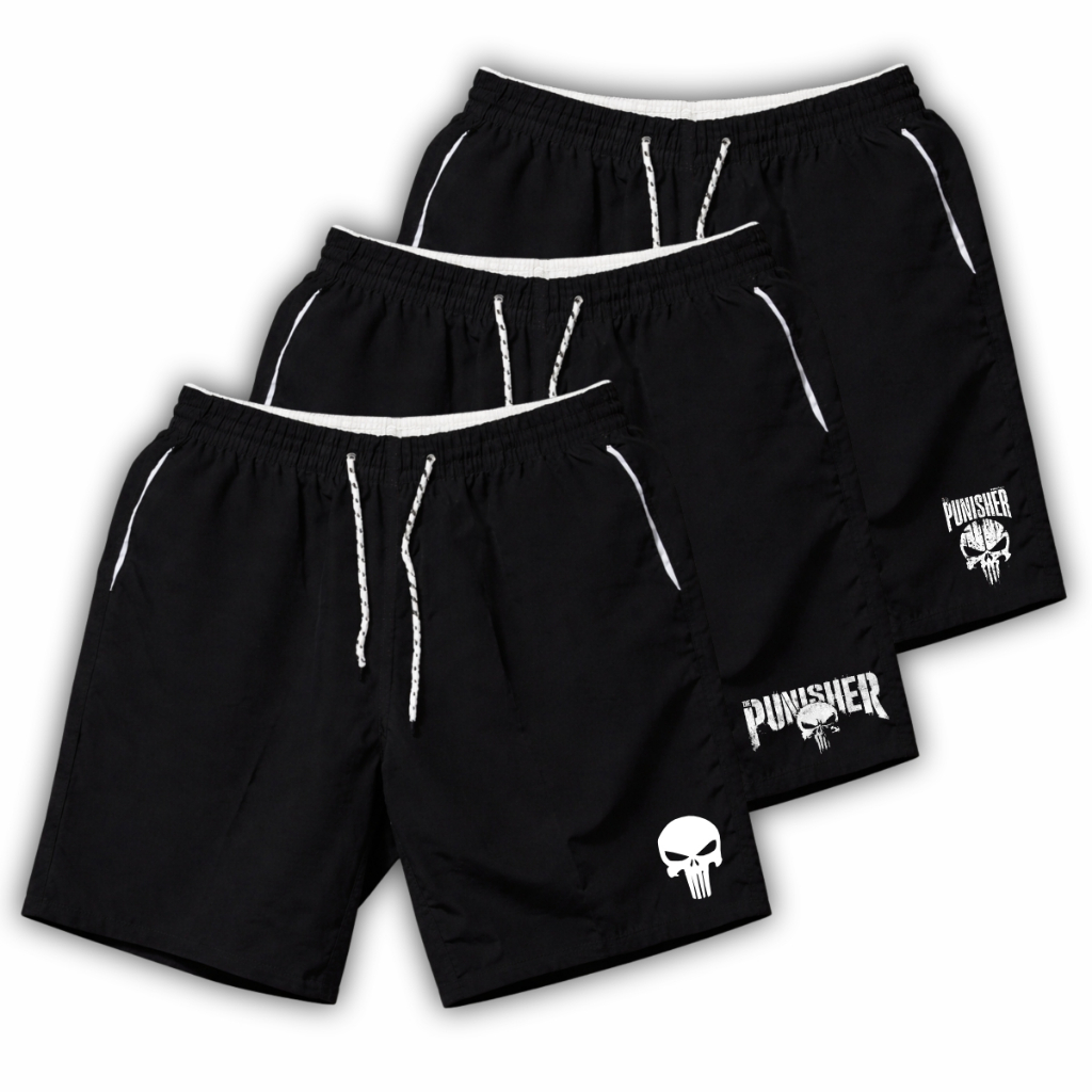 3 Shorts Tactel Elastano Kit PUNISHER, Ideal Para Treinos, Academia, Corrida, Esportes