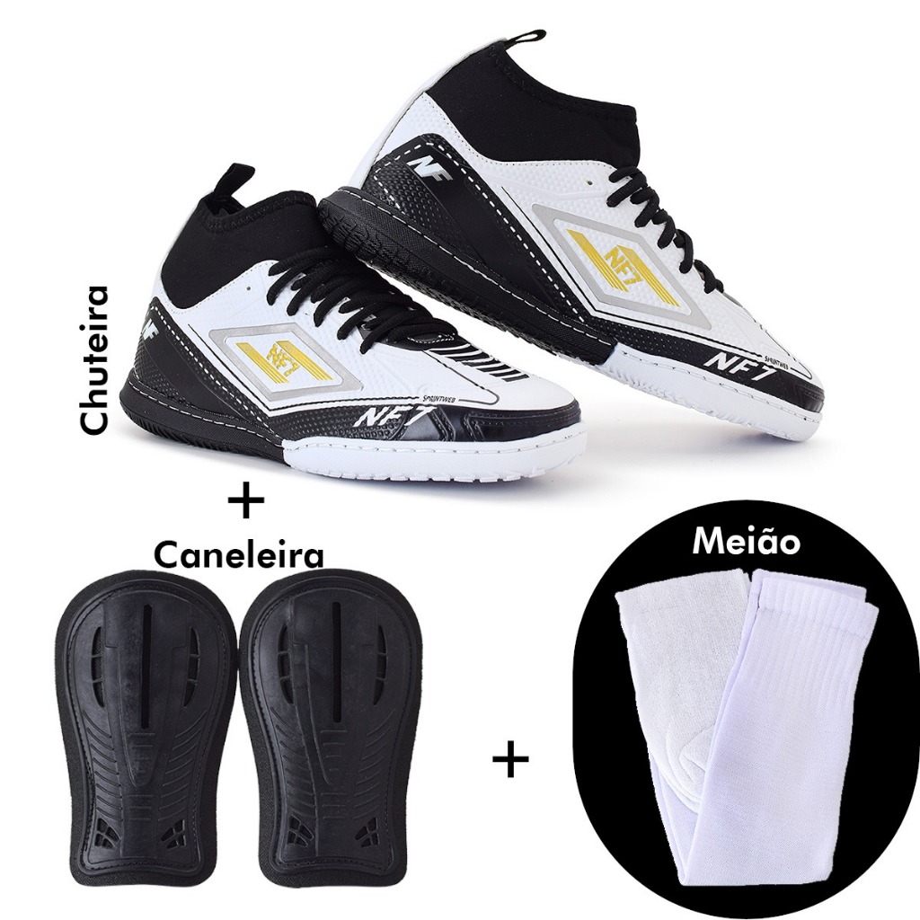 Chuteira futsal, cano medio meinhasola colada e costurada+meiao +caneleira de brinde em Oferta na Shopee