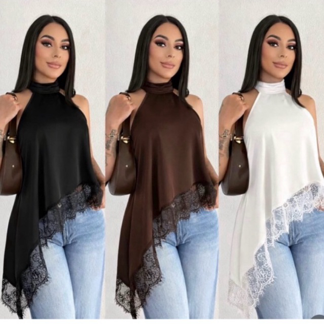 Blusa Feminina Gola Alta Assimétrica  Frente Única Com Renda Bata sofisticada Elegante Tendência verão  2026