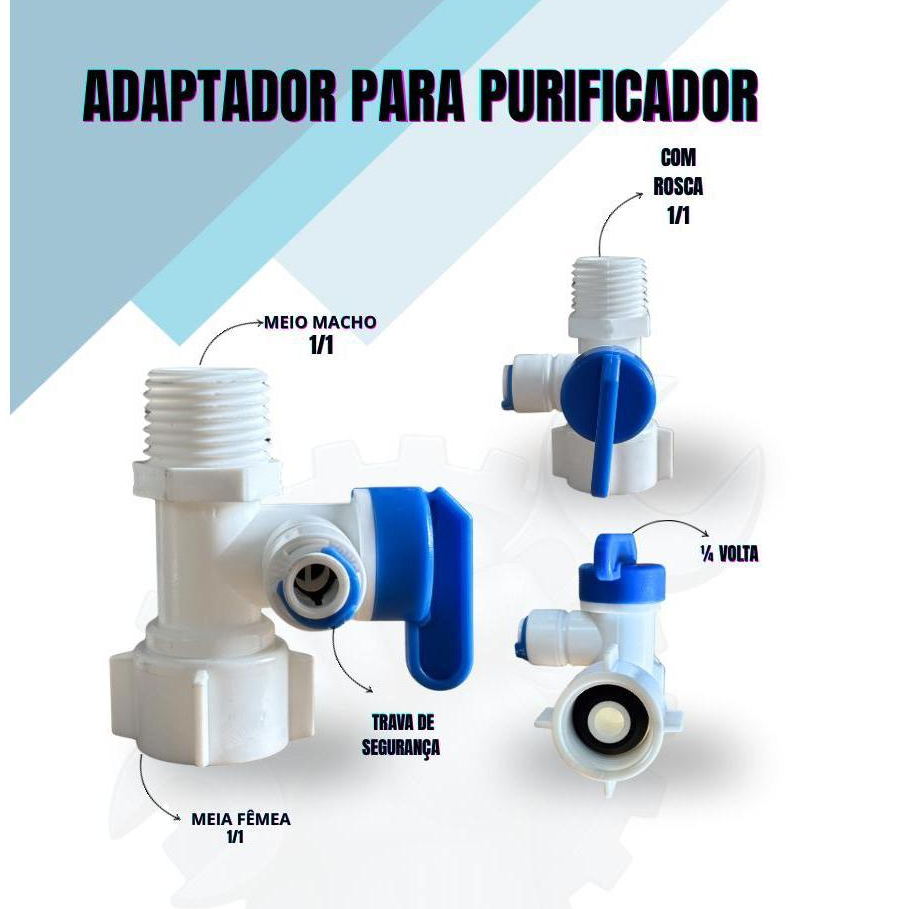 Registro Adaptador para Purificador de Água 1/4 com Rosca 1/2 Macho e Fêmea com Válvula 1/4 de Volta