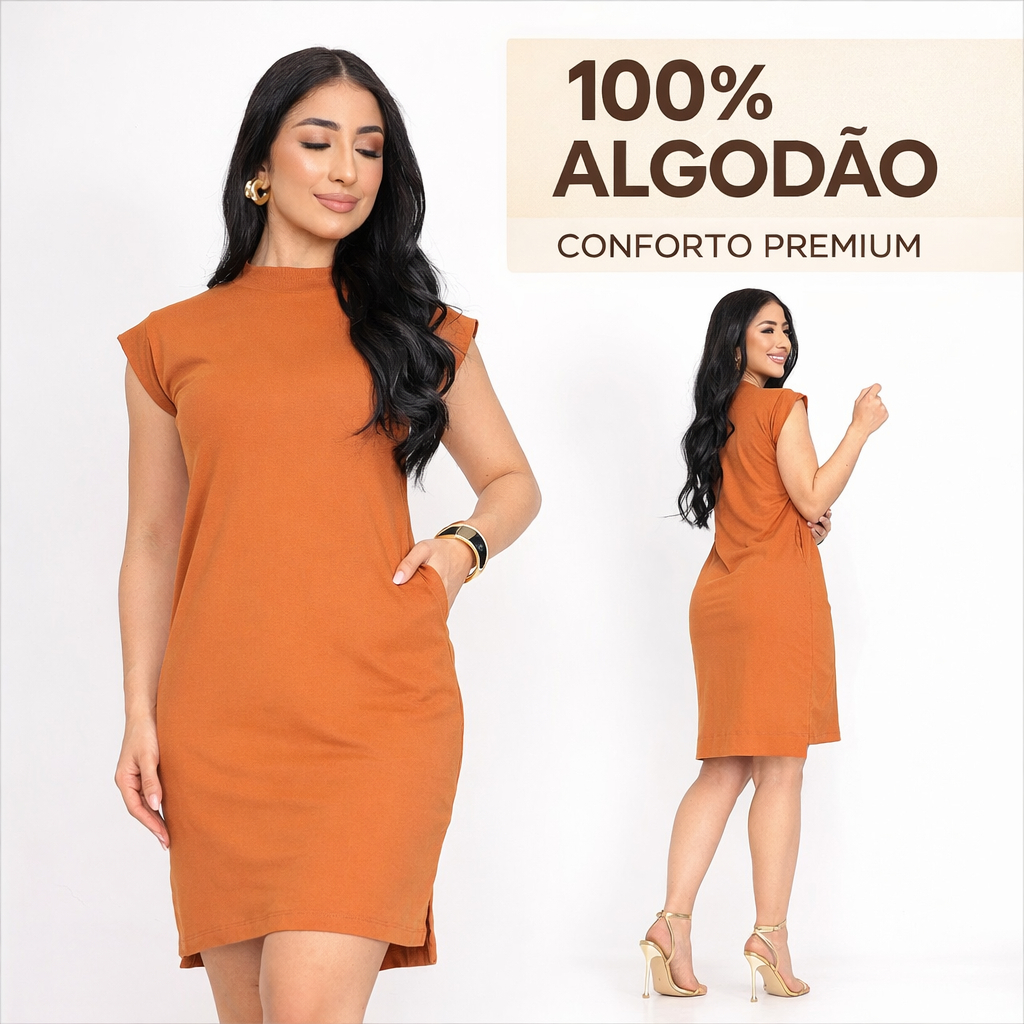 Vestidos Feminino Midi Com Bolso Vestido De Manga Curta Muscle Tee Tecido Algodão Super Pr...