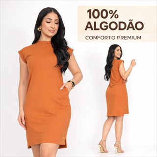 Vestidos Feminino Midi Com Bolso Vestido De Manga Curta Muscle Tee Tecido Algodão Super Promoção em Oferta na Shopee