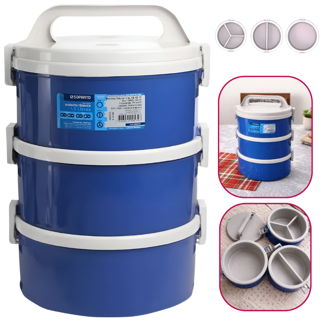 Jogo De Marmitas Térmica Com Divisórias 3 Peças 1,5 Litros Azul Marmitex Termoprato Tekcor Soprano