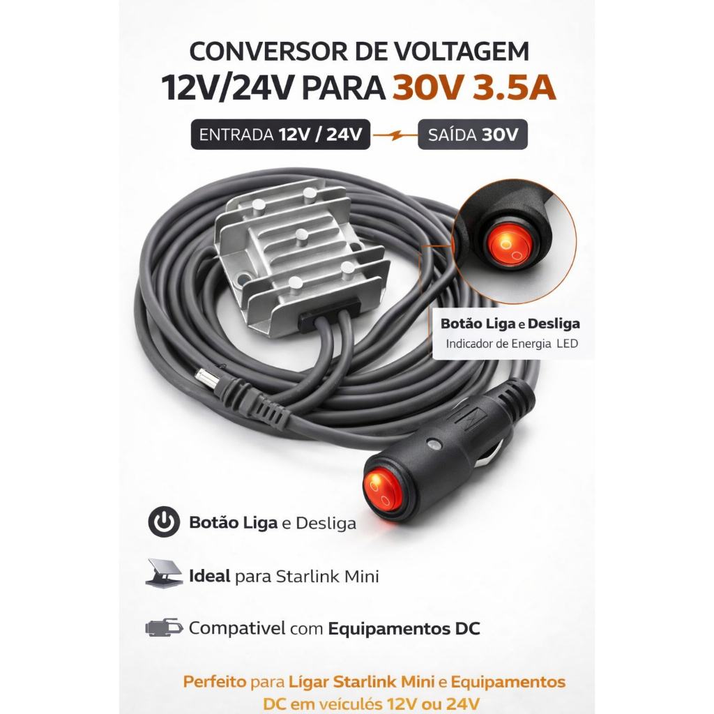 Conversor 12V/24V para 30V 3.5A com Botão Liga/Desliga - Ideal Starlink Mini Veicular