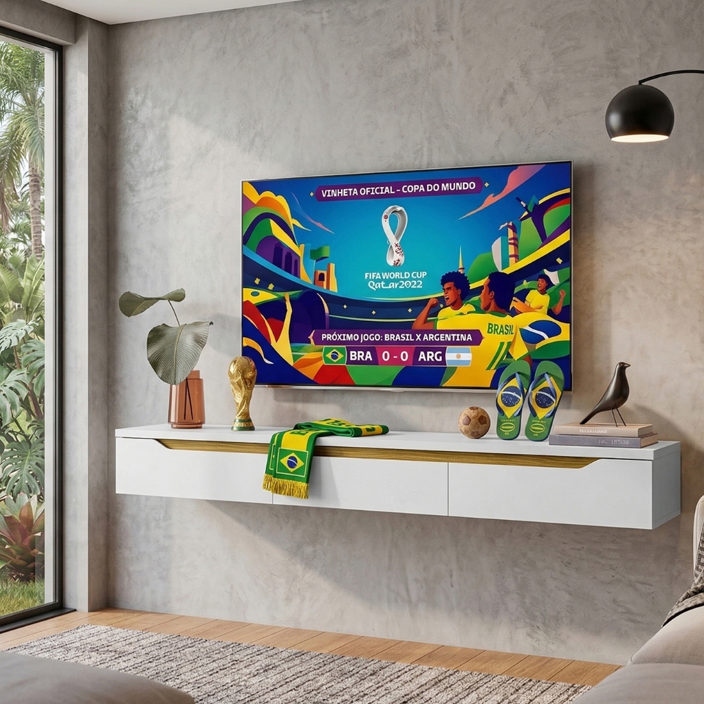 Rack Suspenso para TV até 65 Polegadas 180cm Uno com 3 Portas Moderno Barato para Sala