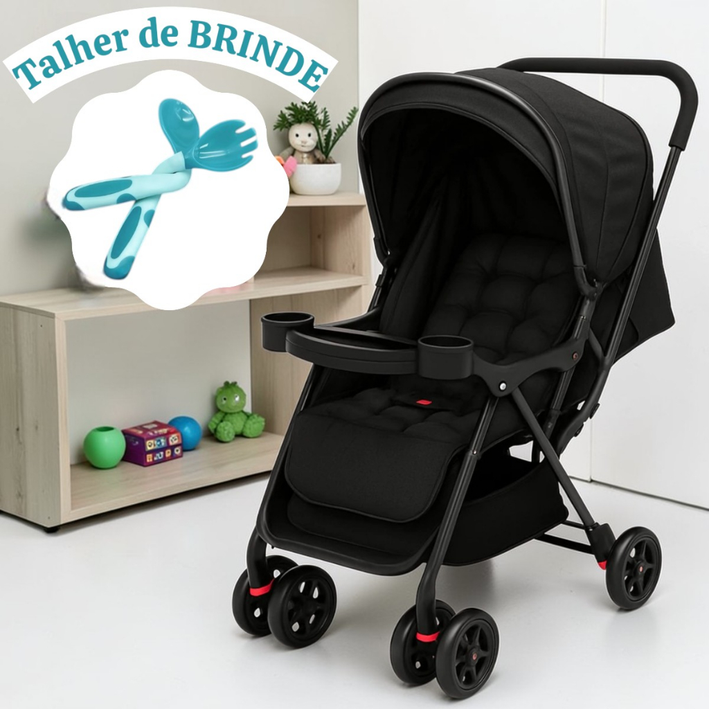 Carrinho de Bebê Reversivel Passeio Assento Acolchoado Reclinável Até 20kg com Porta Copos +brinde