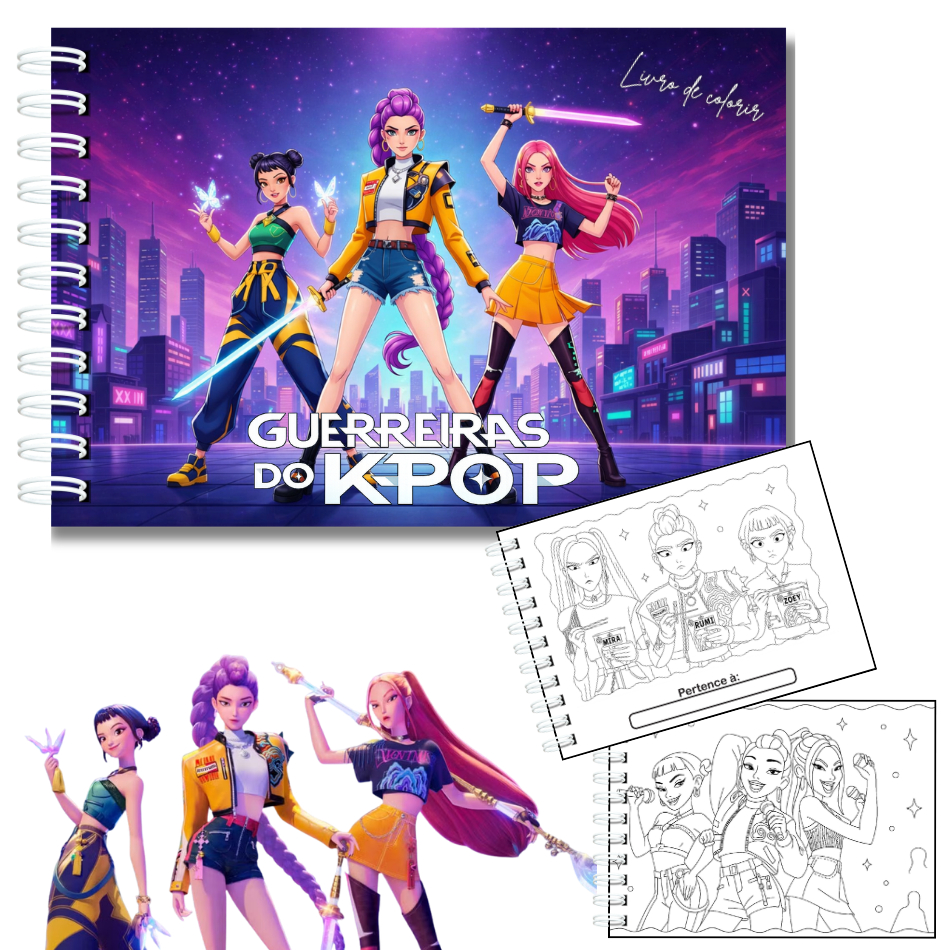 Livro De Colorir Guerreiras Do K-pop Demon Hunters Capa Dura 50 Páginas 180g A5 Laminação Holográfica Com Acetato