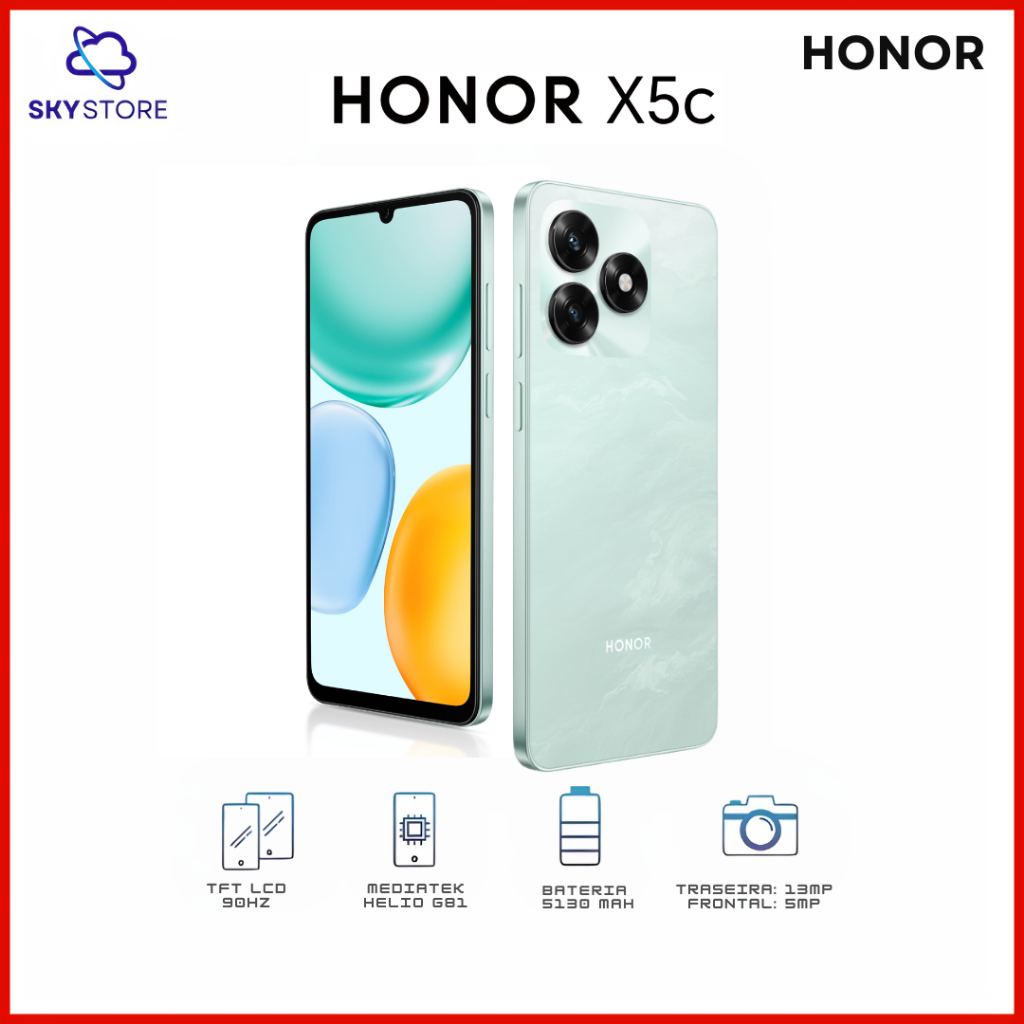 Honor X5c 4G, Versão Global, 128GB Armazenamento 4GB RAM, Processador Mediatek Hélio G81, Bateria 5130mAh