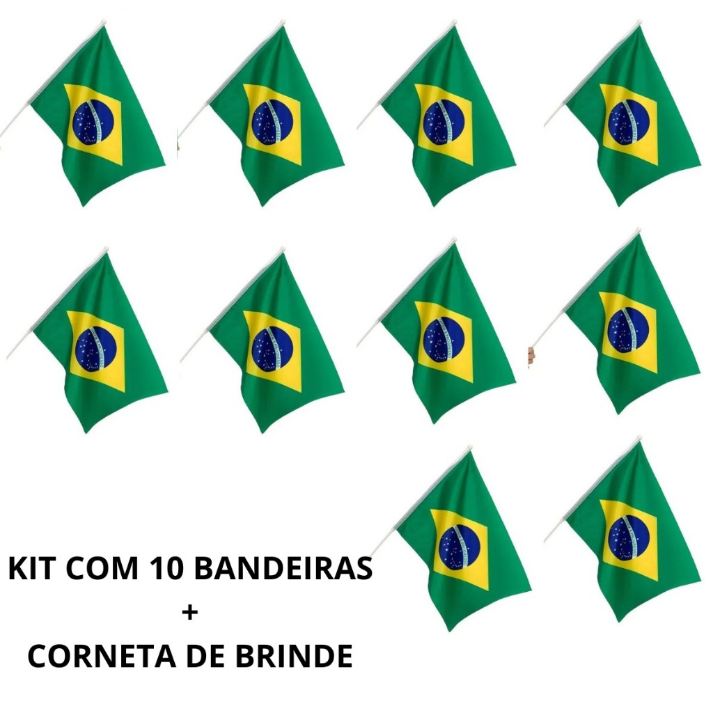 Bandeira do Brasil 10 unidades + 1 Corneta Brasil de brinde