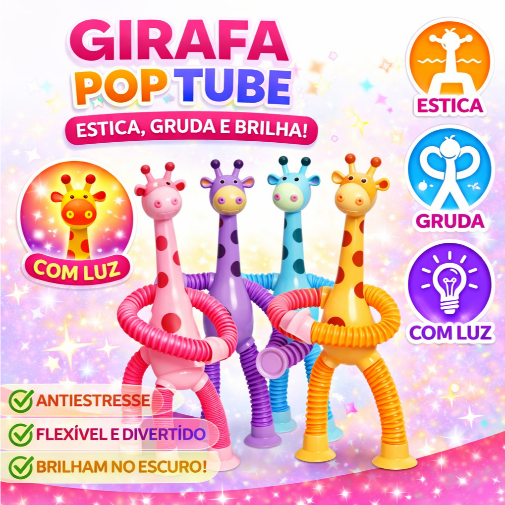 Brinquedo Infantil Girafa Pop Tubo Led Com Ventosas