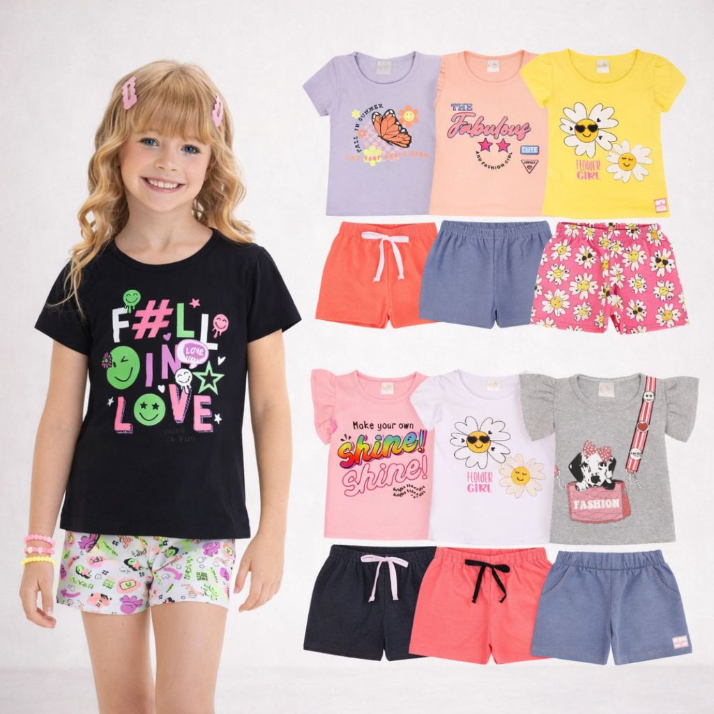 Kit 10 Peças De Roupa Infantil Menina 5 Conjuntos Verão Feminino Tamanhos 01 a 10 Anos