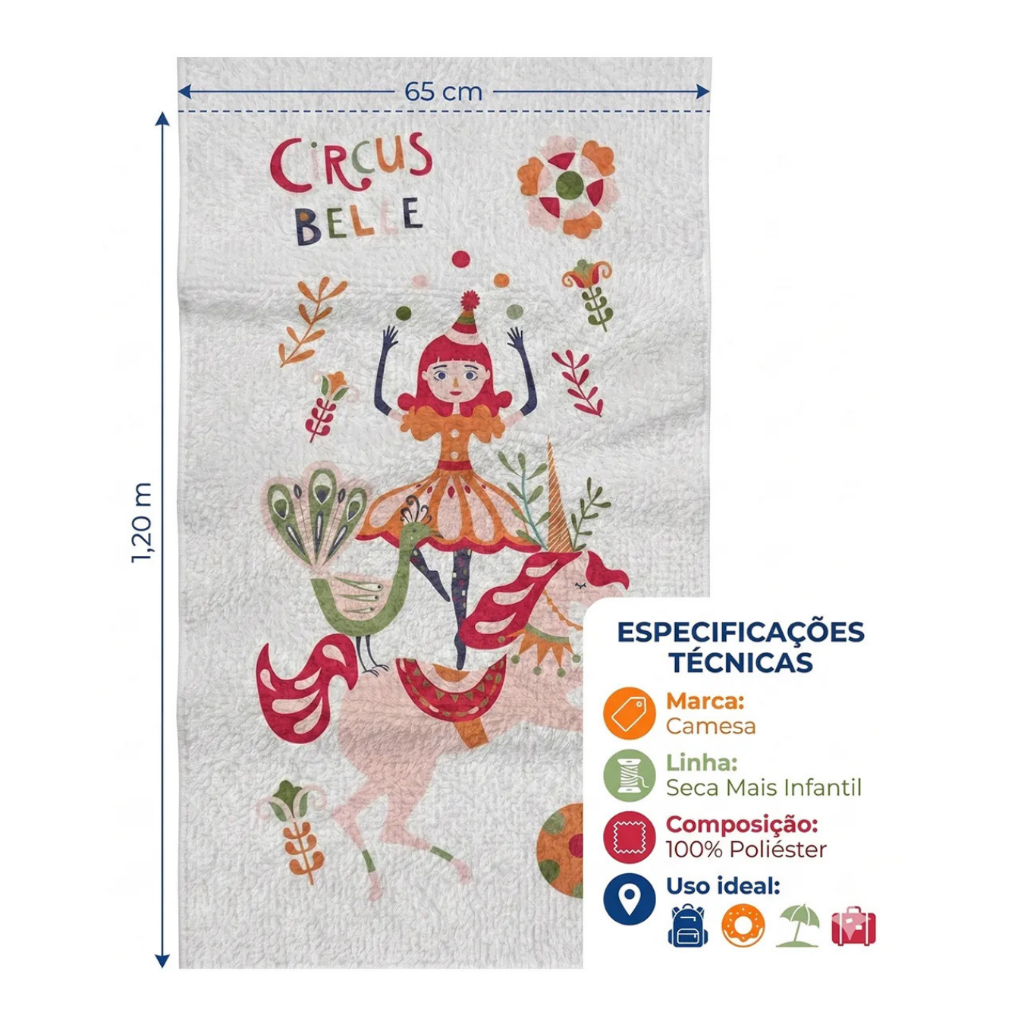 Toalha De Banho Camesa Seca Mais Infantil 65cm X 1,20m