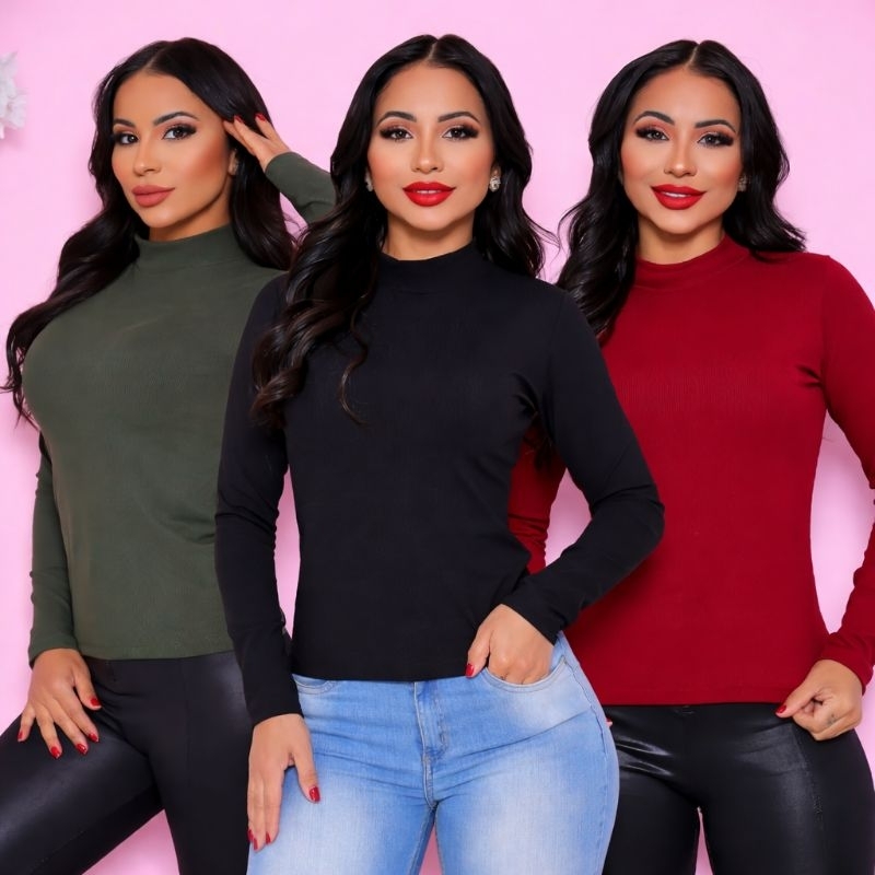 Blusa Cacharrel Feminina Canelada Ribana Manga Longa Gola Alta Justa Inverno Básica