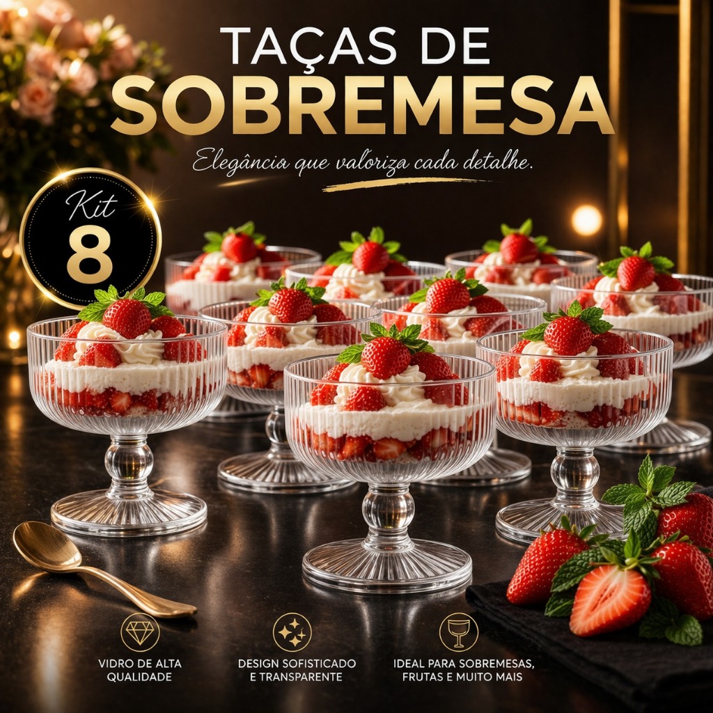 Jogo 8 Taças Sobremesa Sorvete Vidro Canelado 300ml Transparente Elegante Mesa em Oferta na Shopee
