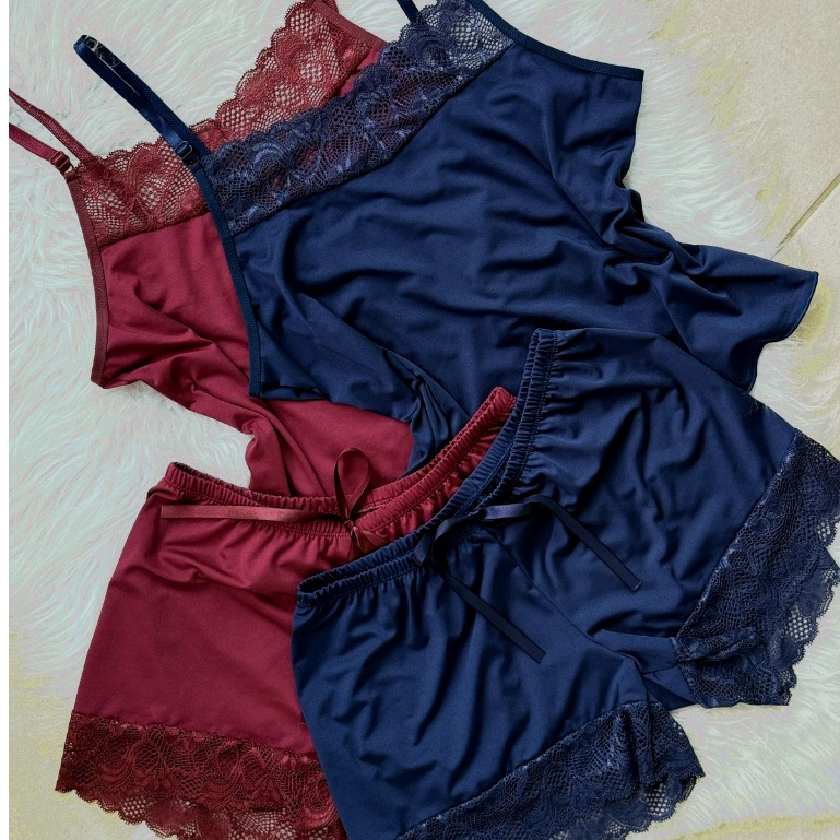 Kit 2 Short Doll Feminino Camisete e Short Microfibra Com Renda Confortável Sexy