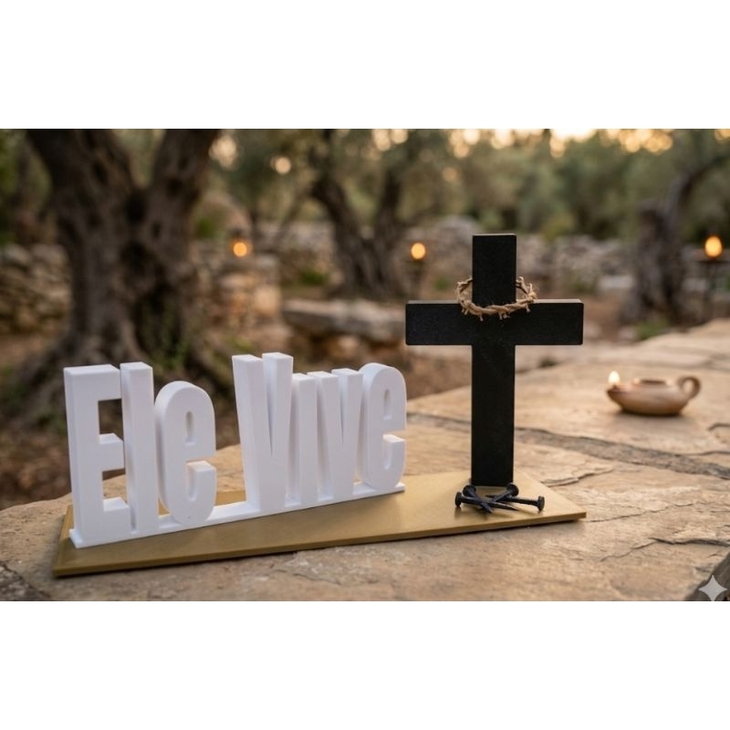 kit santa ceia, ele vive! cruz, pregos da crucificação e letreiro ele vive e coroa de espinhos!