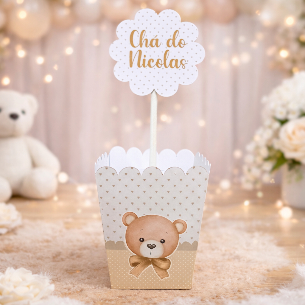 Centro de Mesa Ursinho Bege Neutro | Personalizado | Enfeite Decoração para Festa | Aniversário