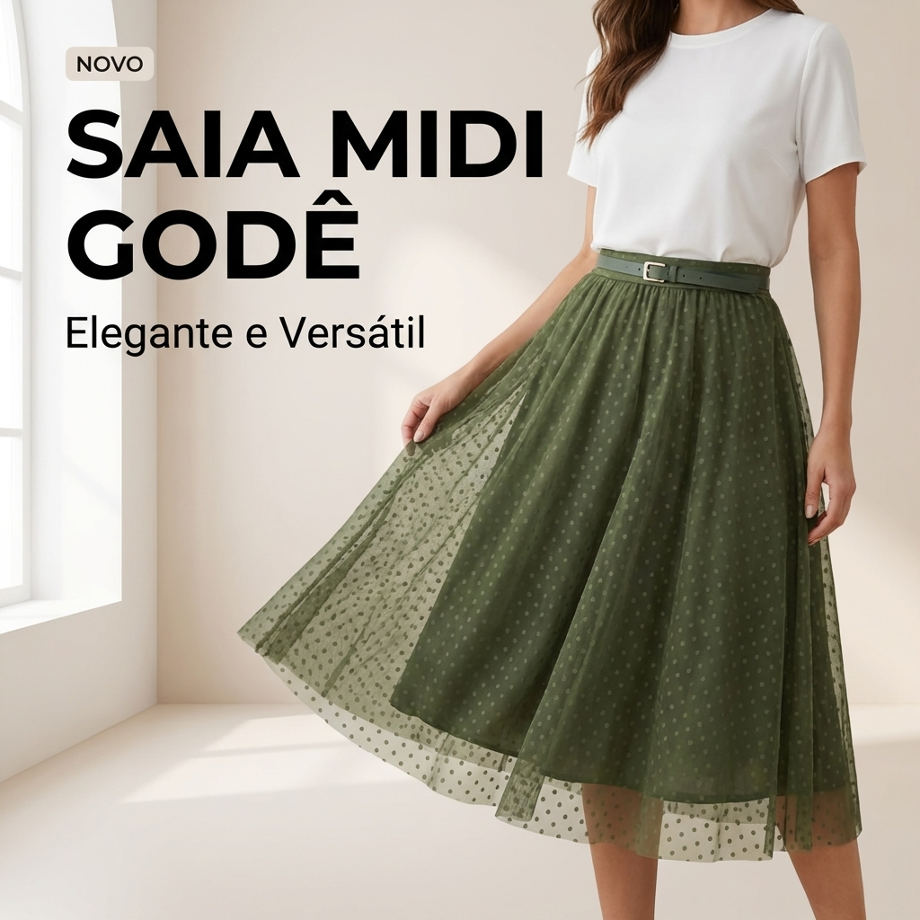 Saia de Tule Feminina Midi Gode  Moda Evangélica Acompanha o Cinto