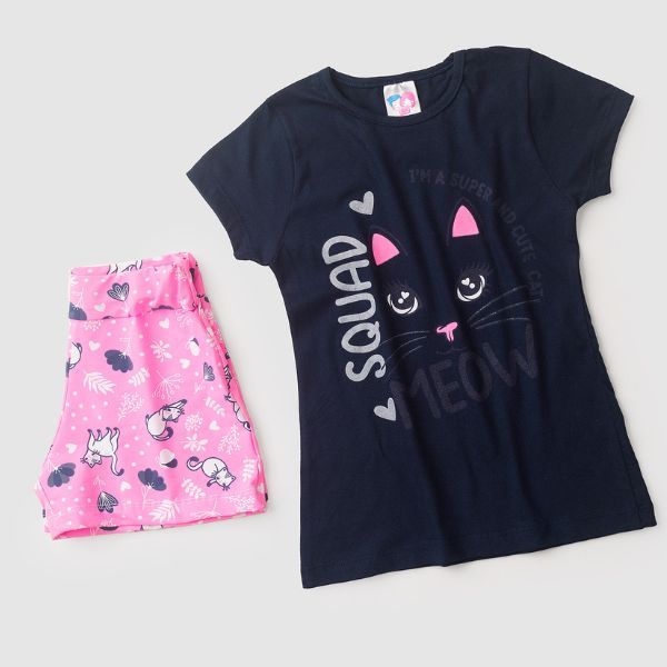 Conjunto Infantil Feminino Gatinha Blusa 100% Algodão com Glitter + Shorts Estampado Poliamida Roupa Menina