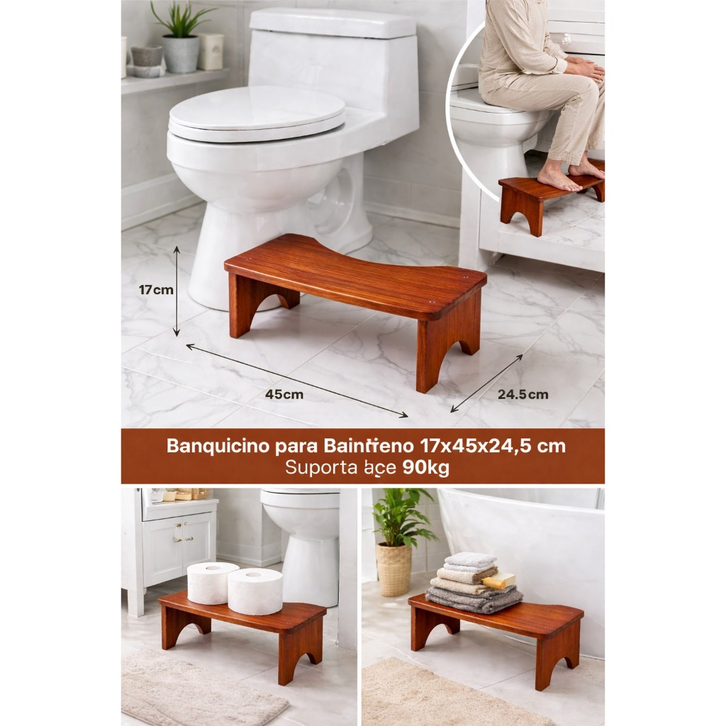 Banquinho para Banheiro em Madeira 17x45x24,5cm | Banco para Sanitário | Suporta até 90kg
