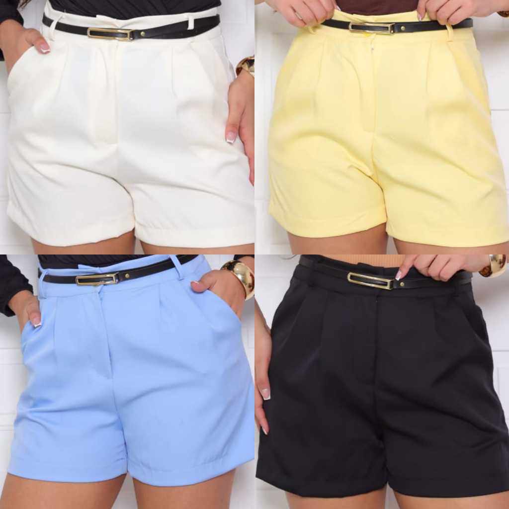 Short Feminino Alfaiataria Sintura Alta, Bolsos Laterais, Acompanha sinto, Cimento Perfeito