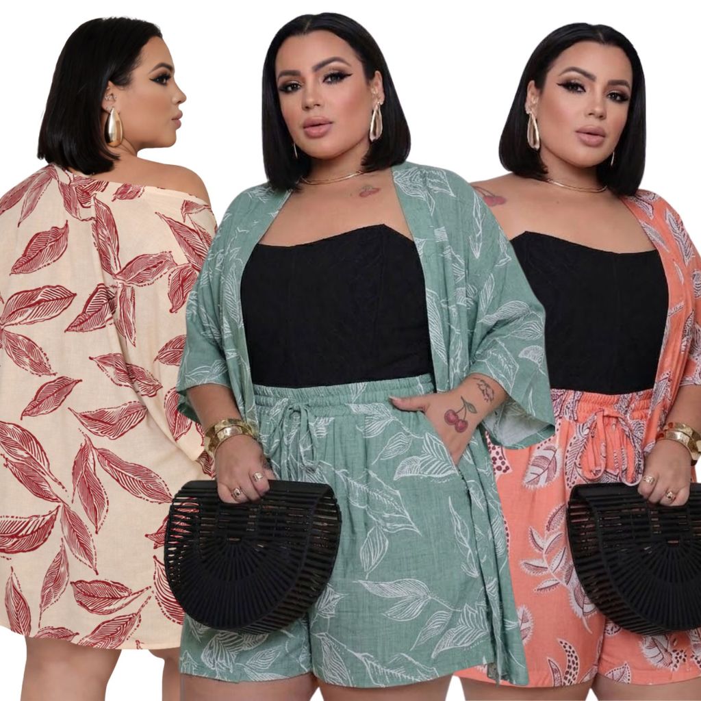 Conjunto Femenina ( kimono + Short ) Plus Size Short com Bolsos Laterais Forrado Viscolinho G1 e G2 Verão Femenino