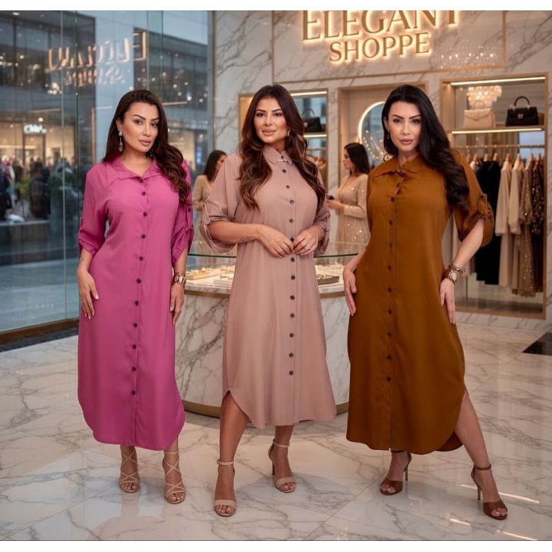 Vestido Femenino Longo, Chemise Con Botões, Manga 3/4,Tecido Viscolinho, Plus Size, Moda Evangélico.