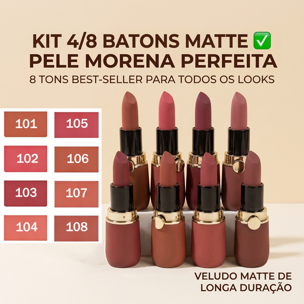 Kit 4 Batom Mate Aveludado 4/8 Cores - Longa Duração, à Prova D'água, Cores Nude e Vermelho