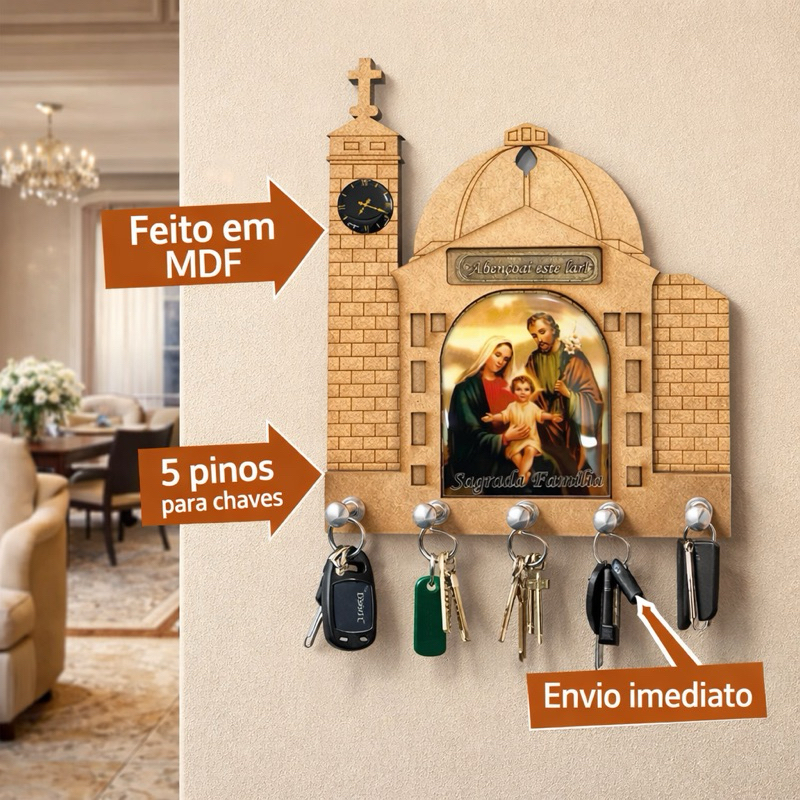 Porta Chave Sagrada Família em Madeira MDF – Formato da Basílica de Nossa Senhora Aparecida