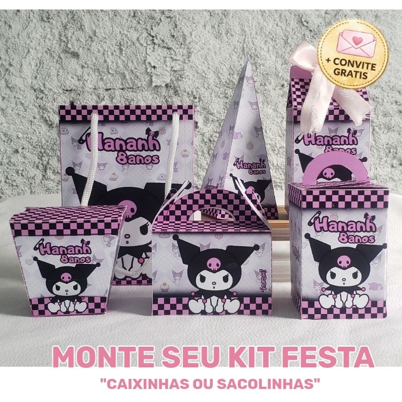 Kit Festa 10 Itens Kuromi | Escolha Sacolinhas ou Caixinhas | Personalizado | Brinde Convite Digital