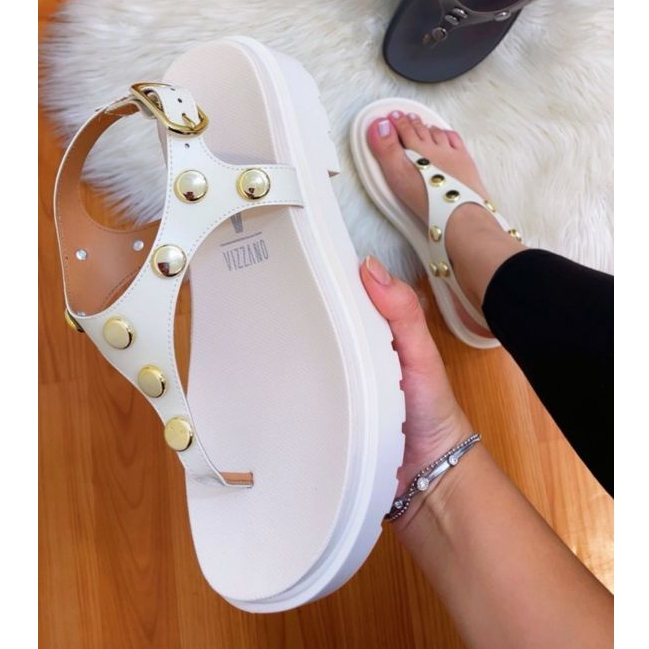 Sandália Papete Vizzano Feminina Flatform Tratorada Strass Confortável Off White 6510.125 Original