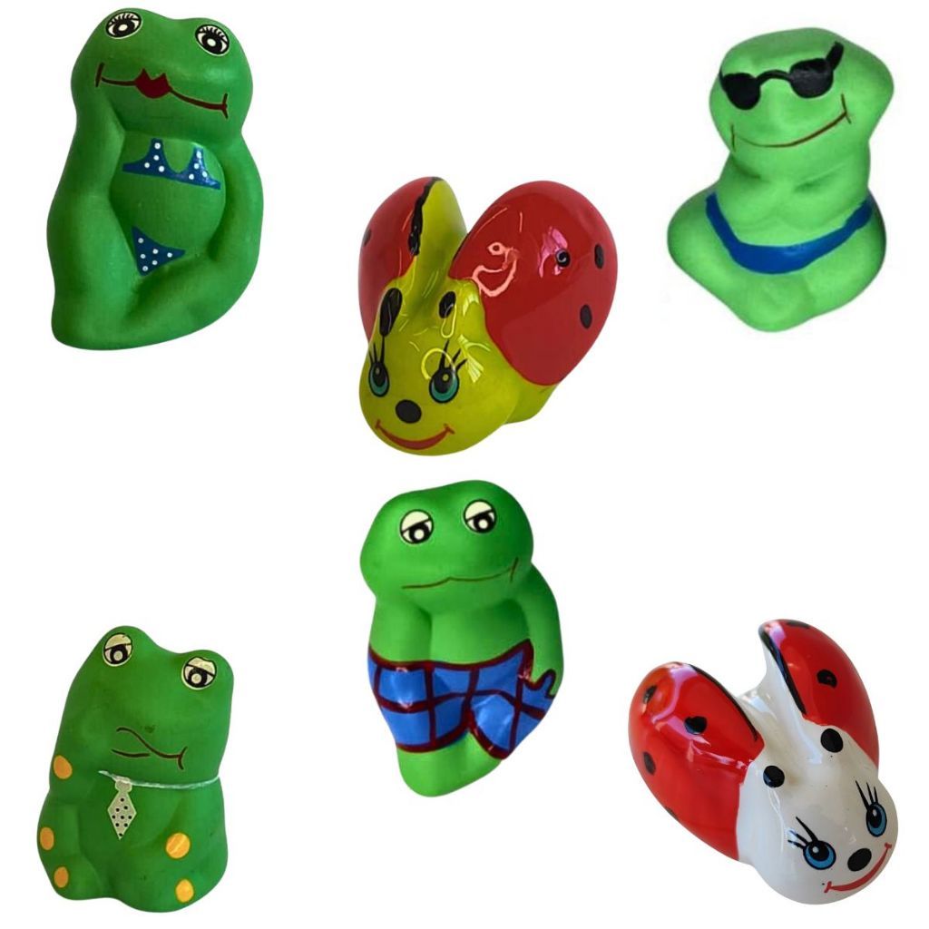 KIT 4 SAPINHOS MAIS 2 JOANINHAS CERÂMICA MINIATURA LEMBRANCINHA TERRÁRIO PARA JARDIM
