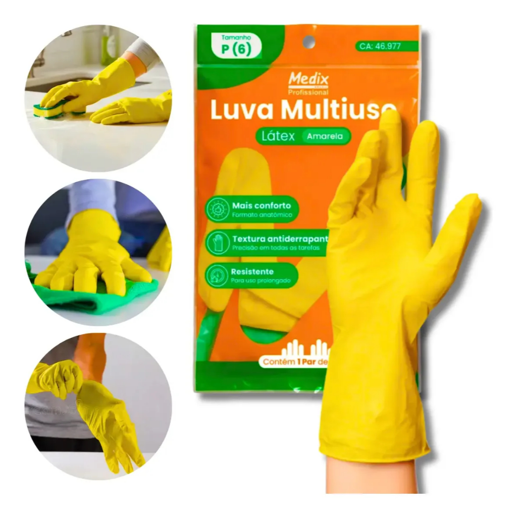 Luva Látex Multiuso Amarela Limpeza Louça Cozinha Jardim