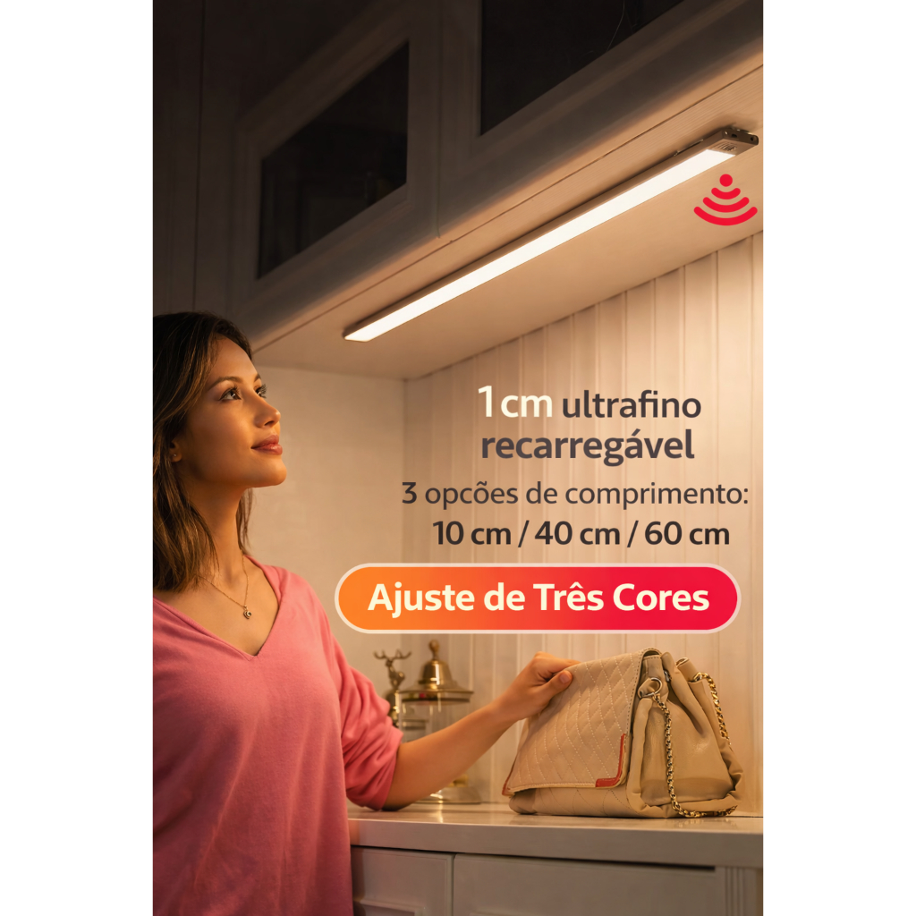 Luminária Led 3 Cores 10/40/60 cm Luz Noturna Sensor De Movimento USB Recarregável Closet Quarto