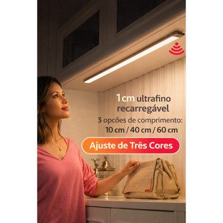 Luminária Led 3 Cores 10/40/60 cm Luz Noturna Sensor De Movimento USB Recarregável Closet Quarto