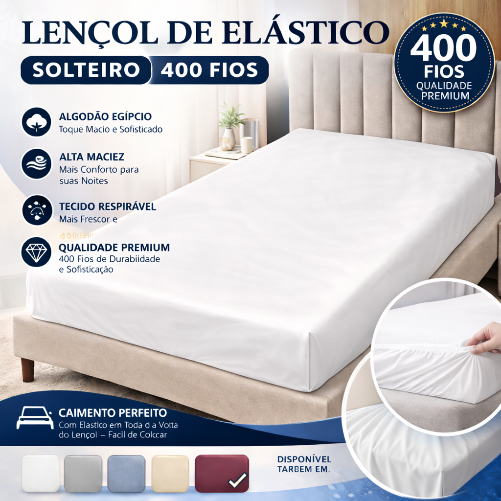 Lençol Com Elástico Premium Avulso 400 Fios Percal Liso Toque Macio Acetinado