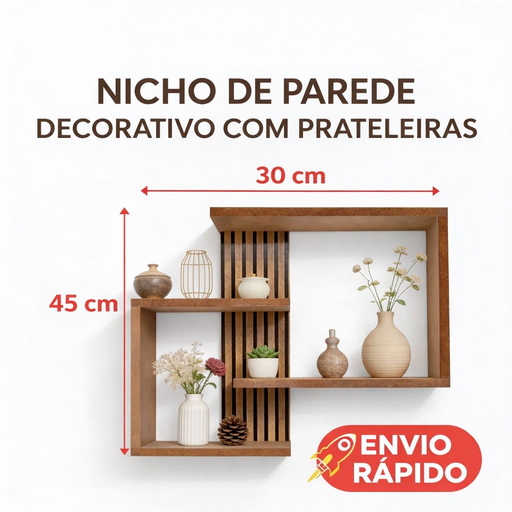 Nicho de Parede Decorativo com Prateleiras MDF CRÚ Decoração Fotos Plantas Artificiais Sala Tv Quarto