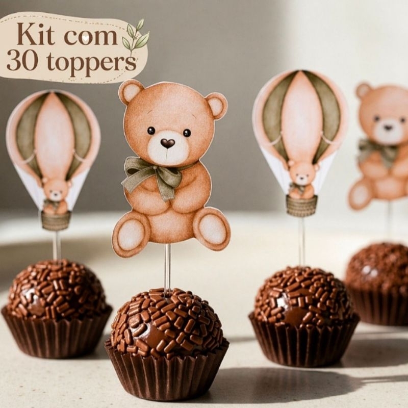 Kit 30 Toppers Ursinho Verde Oliva Balão Chá de Bebê para Docinhos Brigadeiro Cupcake Decoração Festa Infantil