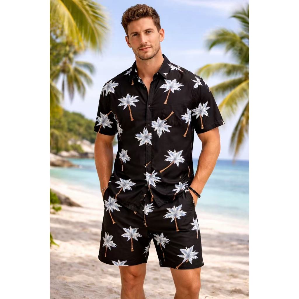 Conjunto Camisa Floral Masculina Manga Curta Viscose Três Bolsos