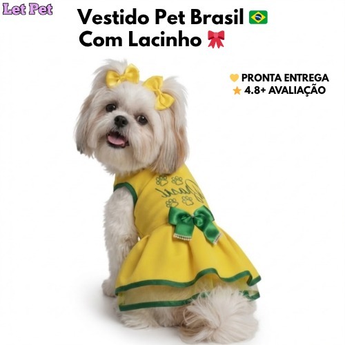 Vestido Pet Brasil Fêmea Cachorro e Gato Roupa Copa Brasil Verão Pequeno Médio Lacinho Amarelo Verde