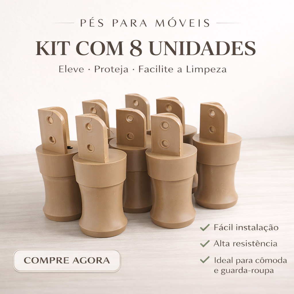 Kit 8 Pés Reguláveis para Móveis 9-10cm Reforçado | Nivelador para Cômoda e Guarda-Roupa | Base 60x60mm Cinamomo e Branc