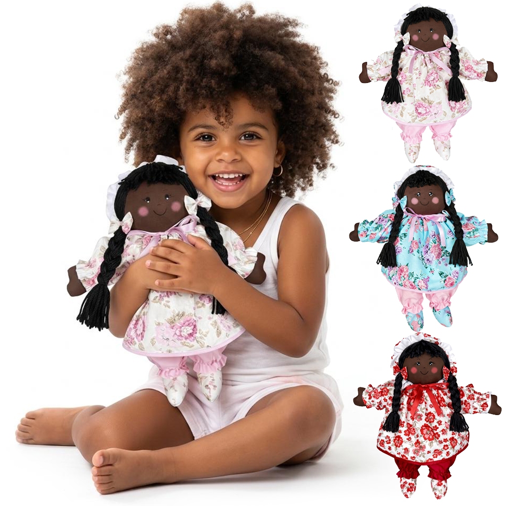 Boneca de Pano Negra Artesanal 40 cm, diversas estampas