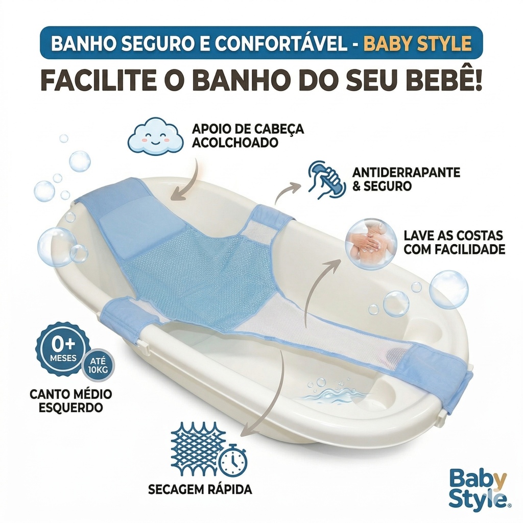 Rede para Banheira de Bebê com Apoio Acolchoado Antiderrapante e Secagem Rápida Suporta até 10kg Segurança Total