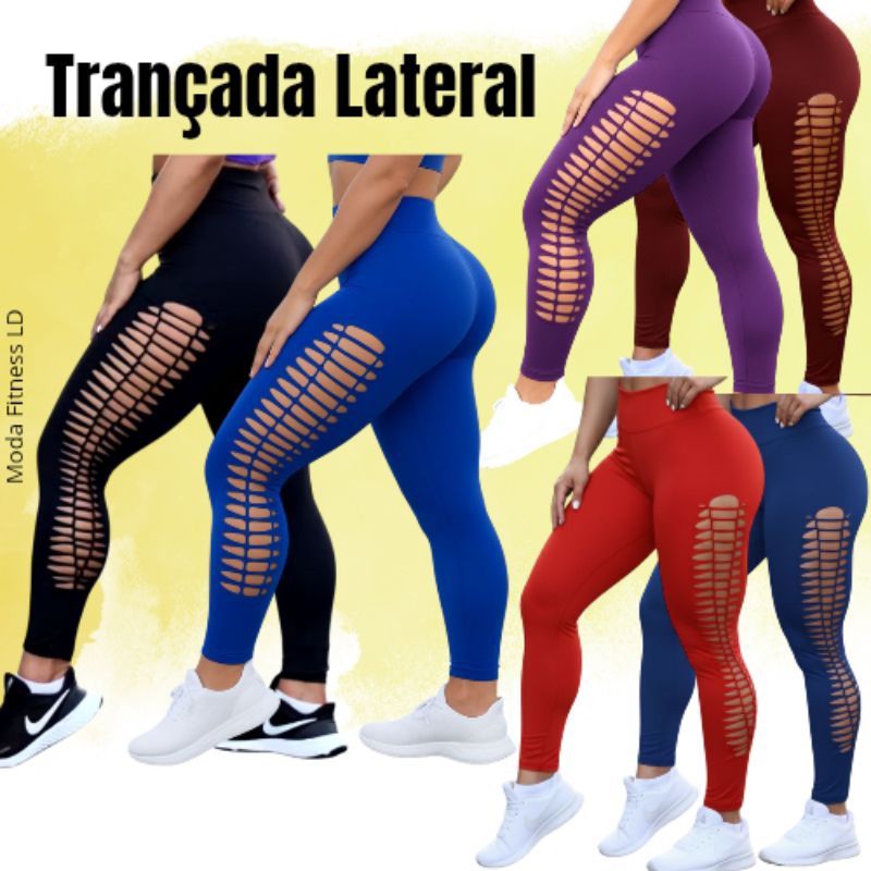 Calças Legging Fitness Feminina Trançada Lateral Cintura Alta Academia Treino yoga crossfit