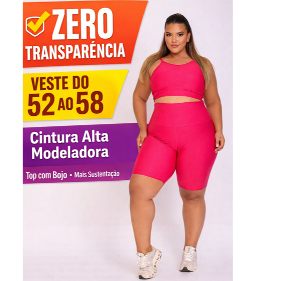 Conjunto Academia Plus Size Feminino Cintura Alta Bermuda e Top Com Bojo Zero Transparência 52 ao 58
