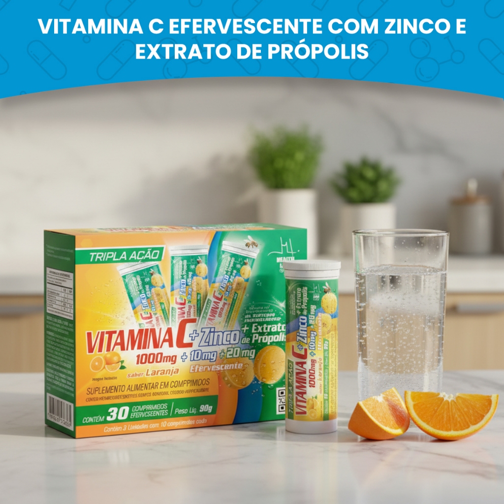Vitamina C 1000mg Zinco Propolis Efervescente 30 Comprimidos Facil Tomar Imunidade Dia a Dia