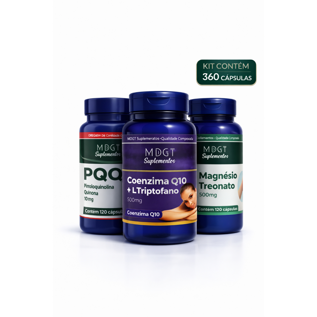 Kit Energia Foco e Mente PQQ 10mg + Coenzima Q10 + L-Triptofano 500mg + Magnésio Treonato 500 mg 360 cápsulas